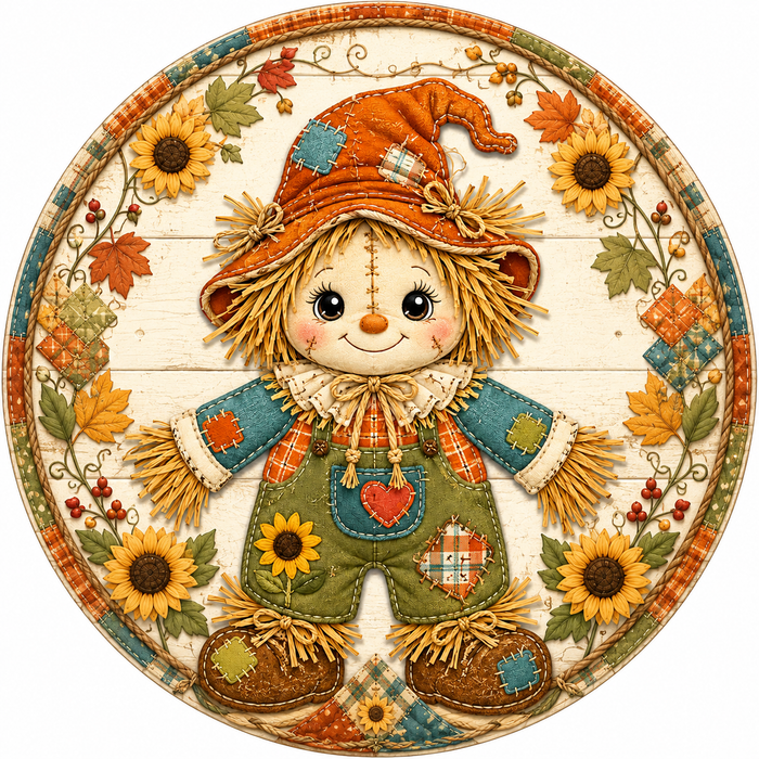 10" Patchwork Scarecrow Fall Sign, Metal Wreath Sign,  Wreath Sign