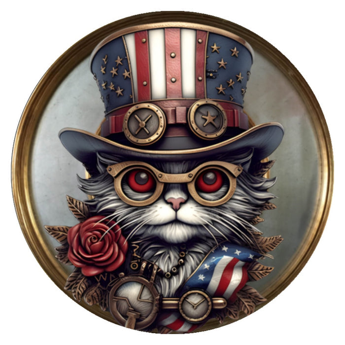 10 Patriotic Steampunk Cat Glasses Sign, Wreath Sign, Home Decor, Metal Sign, The Ritzy Cactus