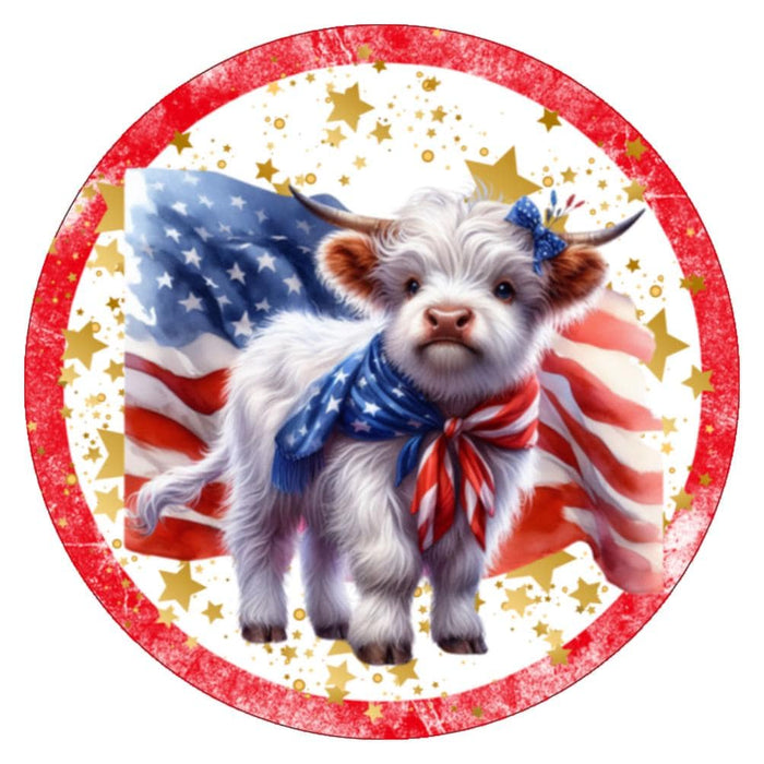 10 Patriotic White Highland Cow Wreath Sign, Wreath Sign, Home Decor, Metal Sign, The Ritzy Cactus