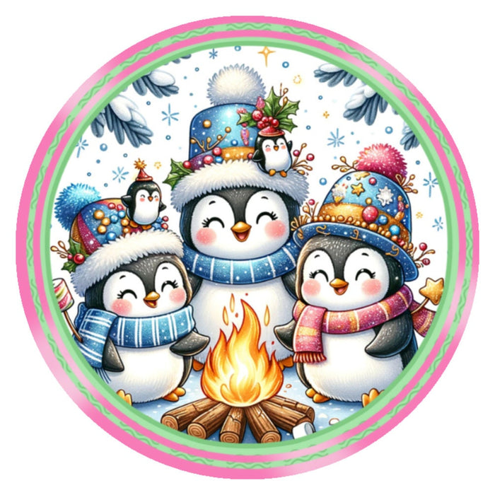 10 Penguin Campfire Winter Sign, Metal Wreath Sign, Home Decor