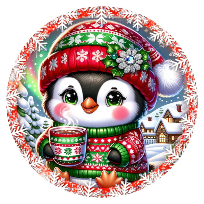 10 Penguin Hot Cocoa Christmas Sign, Metal Wreath Sign, Home Decor