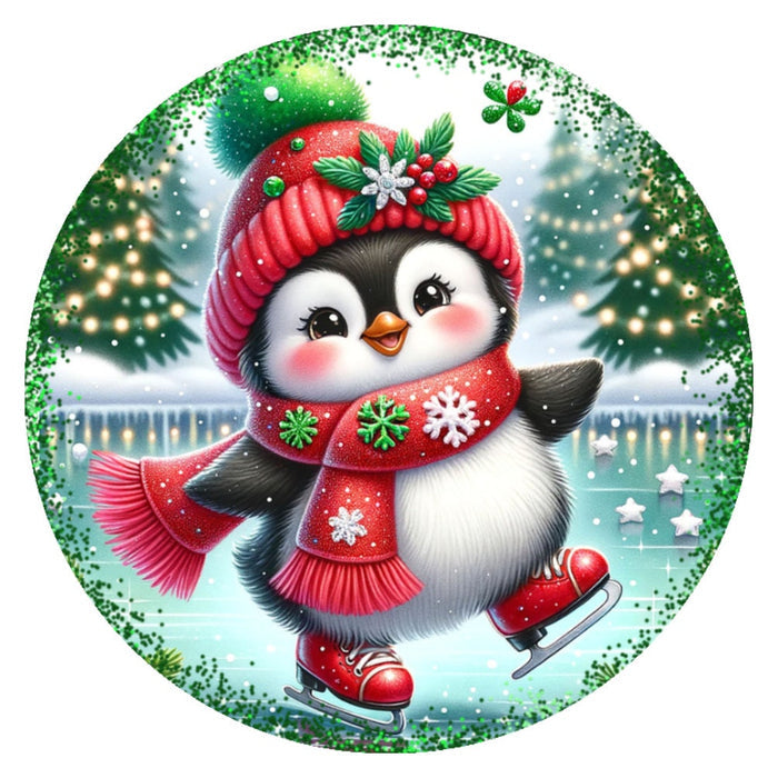 10 Penguin Skating Christmas  Sign, Metal Wreath Sign, Home Decor
