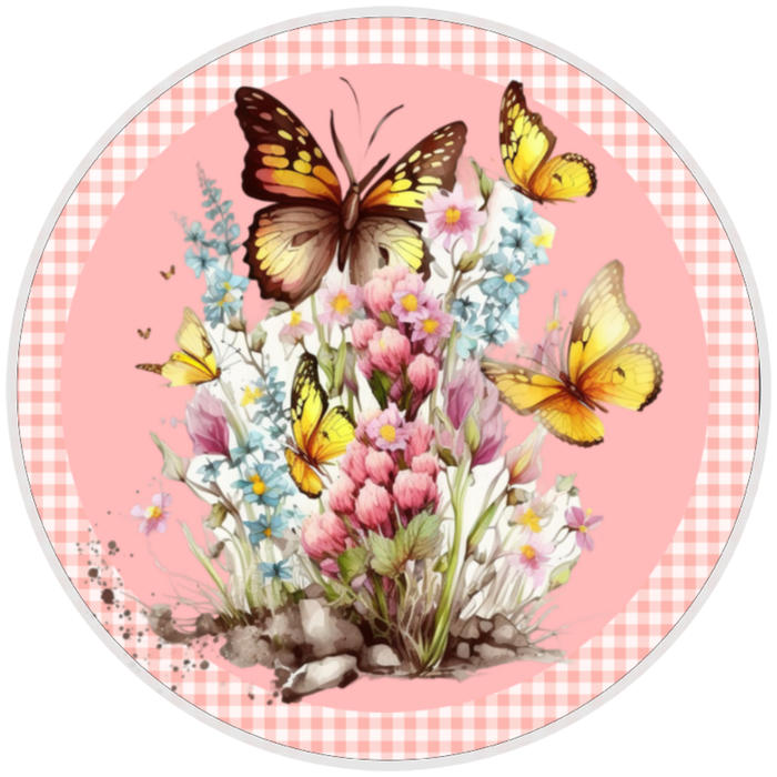 10” Pink Floral Butterfly Sign, Home Decor, Aluminum, The Ritzy Cactus