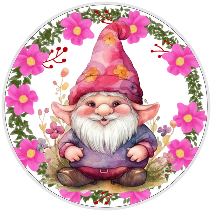 10” Pink Floral Gnome Sign, Home Decor, Aluminum, The Ritzy Cactus