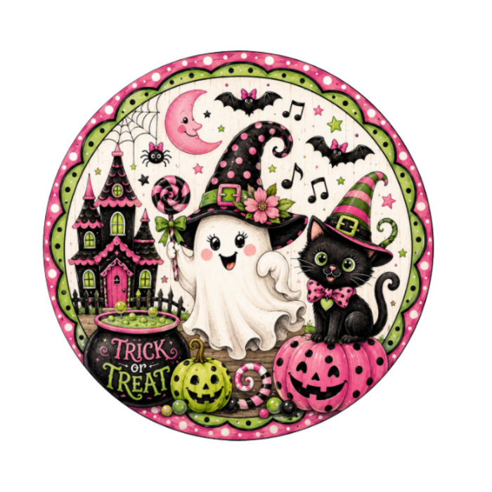 10" Pink Green Halloween Ghost Wreath Sign, Metal Wreath Sign, Home Decor