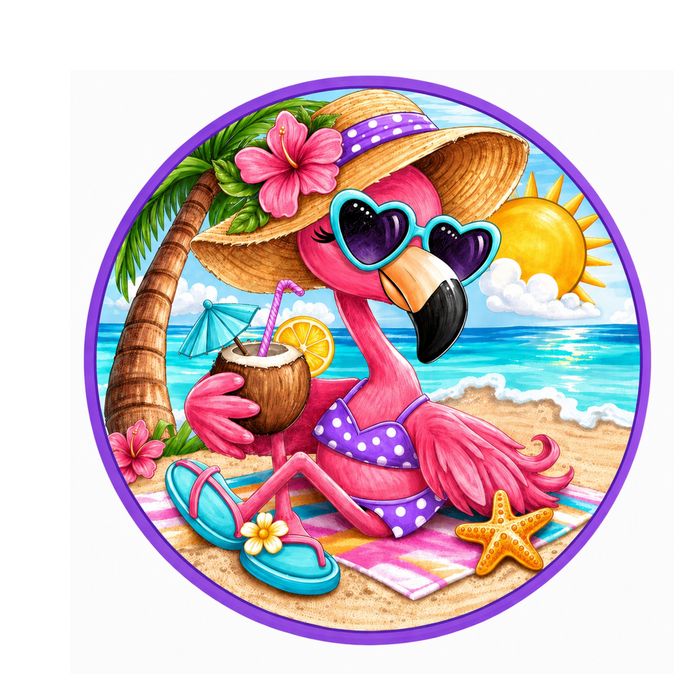 10" Purple Beach Flamingo Wreath Sign, Metal Wreath Sign, Home Decor, Summer Sign