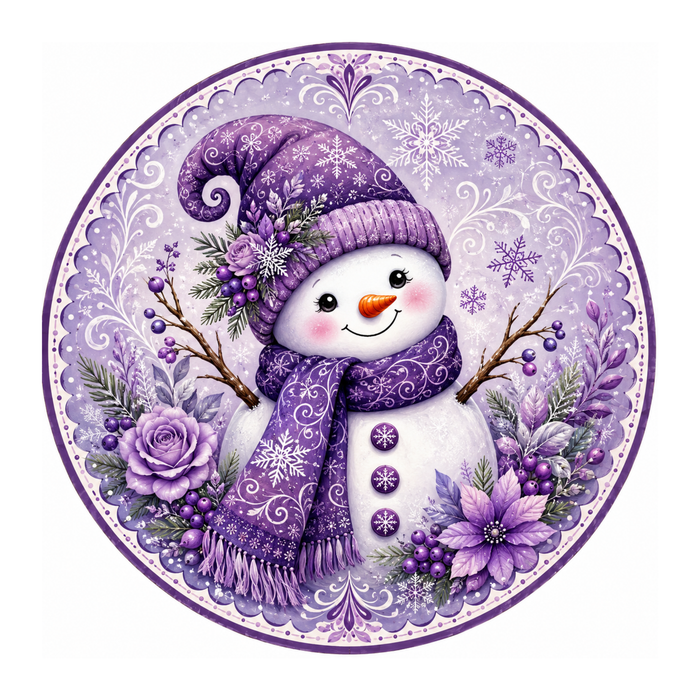 10" Purple Snowman Scallop Sign, Metal Wreath Sign,  Winter Sign Home Decor