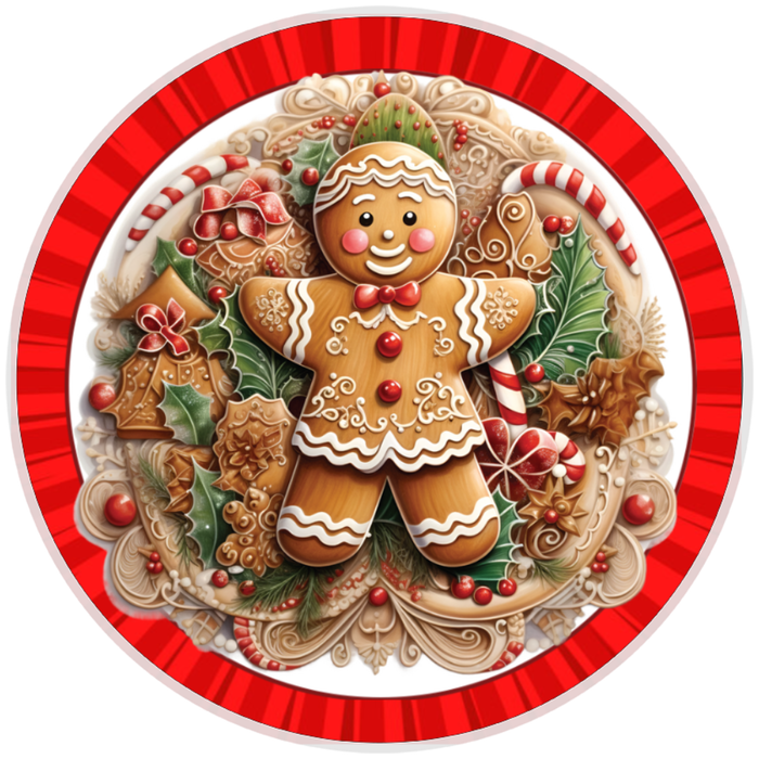 10” Red Striped Gingerbread Sign, Metal Wreath Sign Home Decor, Aluminum, The Ritzy Cactus