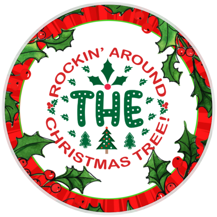 10” Rockin Around The Christmas Tree Wreath Sign, Home Decor, Aluminum, The Ritzy Cactus