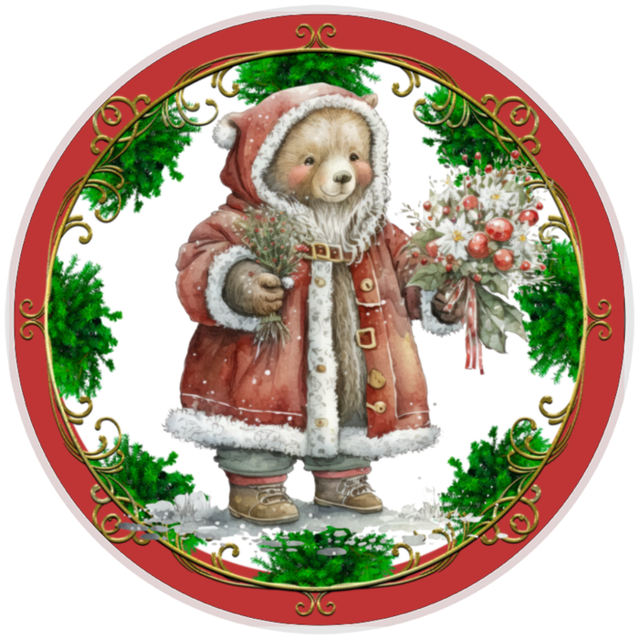 10” Santa Bear Wreath Sign, Home Decor, Aluminum, The Ritzy Cactus
