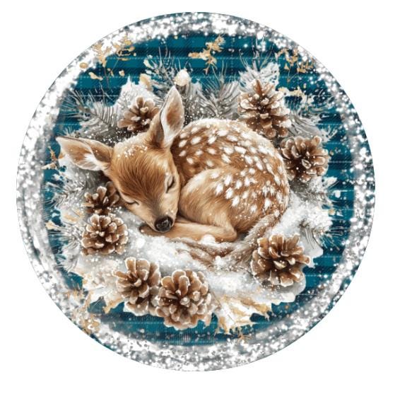 10 Sleeping Baby Deer Fawn Wreath Sign, Metal Wreath Sign, Home Decor, Winter Sign