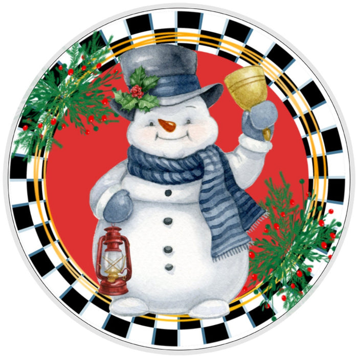 10 Snowman Black And White Checkered Christmas Sign, Wreath Sign, Home Decor, Round Metal Sign