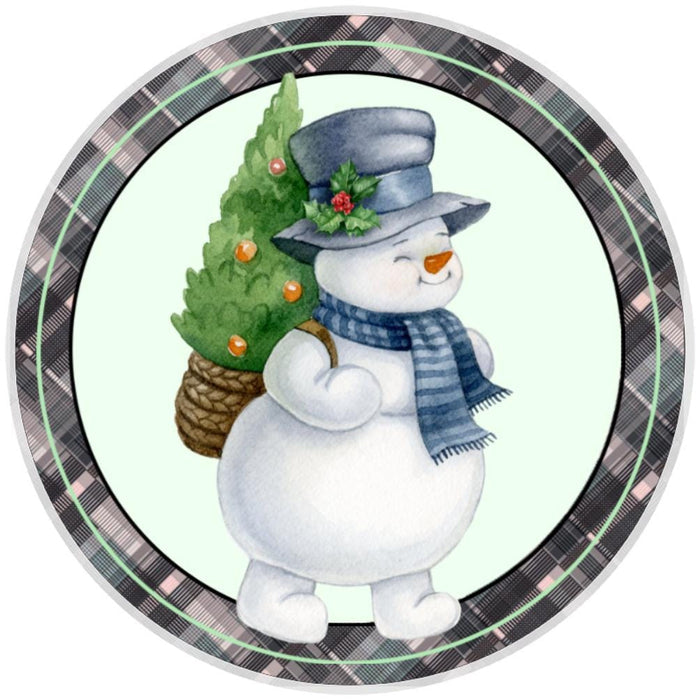10 Snowman Christmas Tree Plaid Sign, Wreath Sign, Home Decor, Round Metal Sign