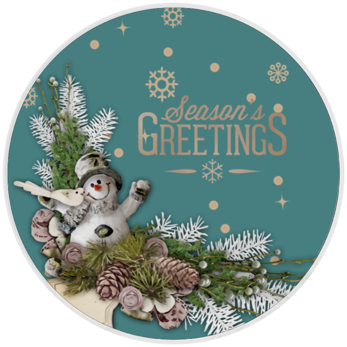 10” Snowman Seasons Greetings Sign, Wreath Sign, Home Decor, Aluminum, The Ritzy Cactus