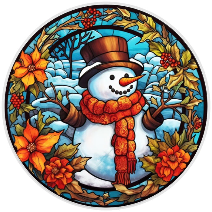 10 Snowman Stained Glass Look Wreath Sign, Metal Wreath Sign, Home Decor