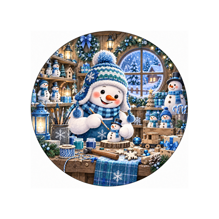 10" Snowman Workshop Sign, Metal Wreath Sign,  Wreath Sign