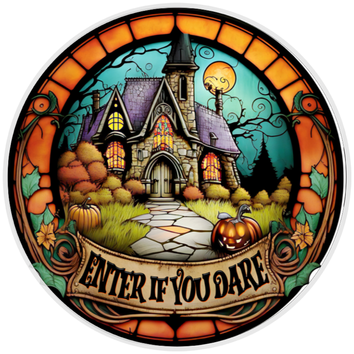 10” Stained Glass Halloween Haunted House Sign, Home Decor, Aluminum, The Ritzy Cactus