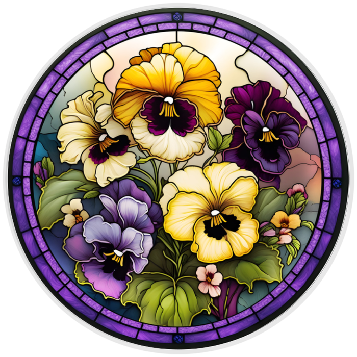 10” Stained Glass Pansies Wreath Sign, Home Decor, Aluminum, The Ritzy Cactus