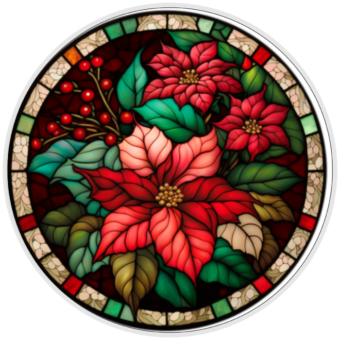 10” Stained Glass Poinsettia Christmas Wreath Sign, Home Decor, Aluminum, The Ritzy Cactus