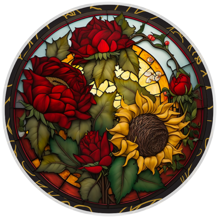 10” Stained Glass Rose Sunflower Wreath Sign, Home Decor, Aluminum, The Ritzy Cactus