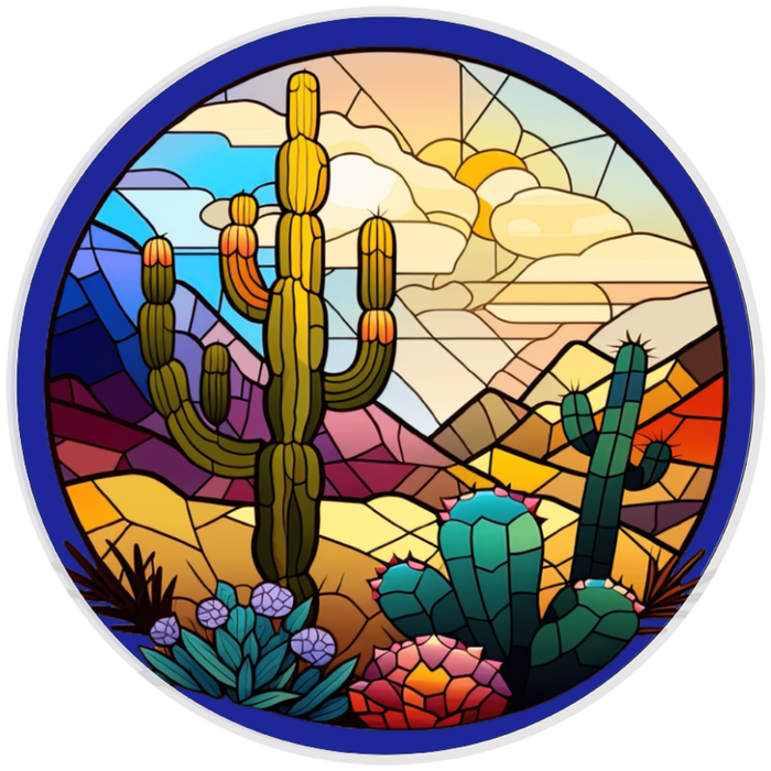 10” Stained Glass Southwest Cactus Wreath Sign, Home Decor, Aluminum, The Ritzy Cactus