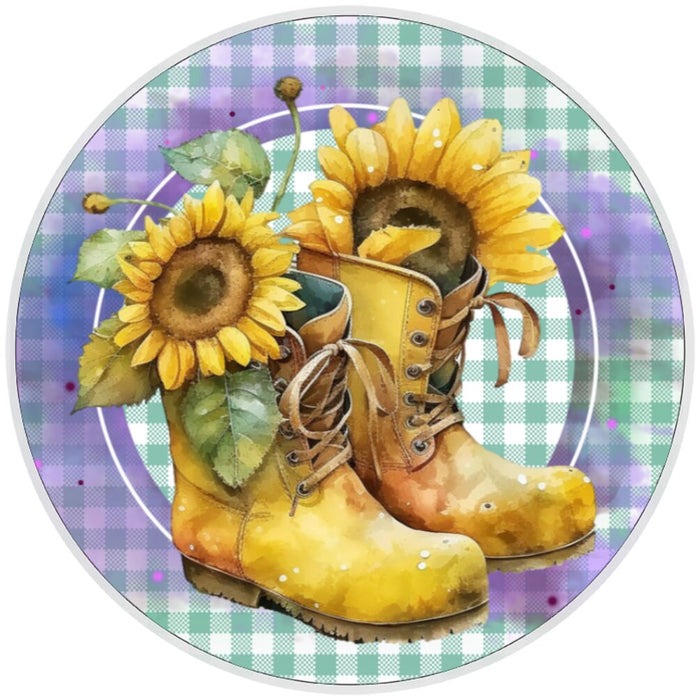 10 Sunflower Gingham Boot Sign, Wreath Sign, Home Decor