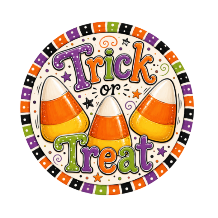 10" Trick or Treat Candy Corn Halloween Sign, Metal Wreath Sign, Home Decor