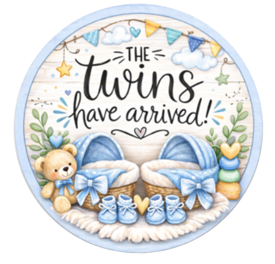 10" Twin Boys Have Arrived Baby Blue Wreath Sign, Metal Wreath Sign