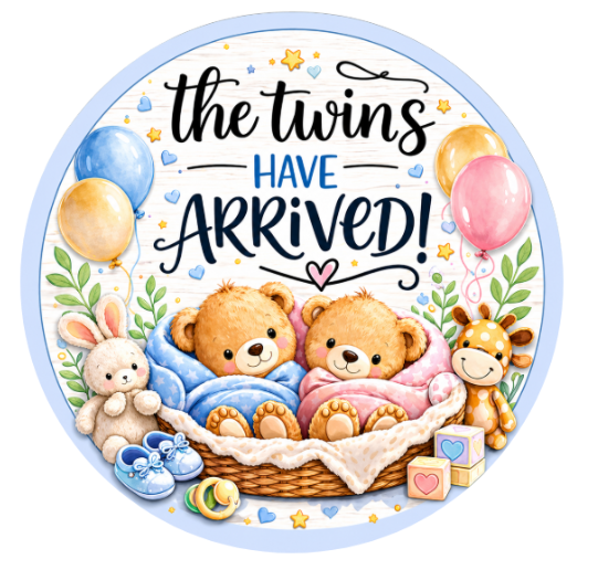 10" Twins Have Arrived Wreath Sign, Metal Wreath Sign, Baby Sign