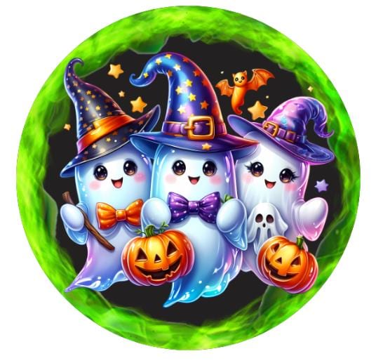 10" Vibrant Ghost Trio  Halloween Sign,  Wreath Sign, DIY Wreath Maker Sign, Metal Sign, Home Decor