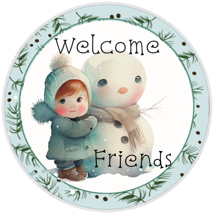10 Welcome  Friends Snowman Liittle Girl Wreath Sign, Wreath Sign, Home Decor