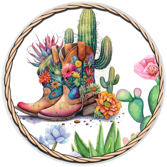 10” Western Cactus Cowboy Boot Wreath Sign, Home Decor, Aluminum, The Ritzy Cactus