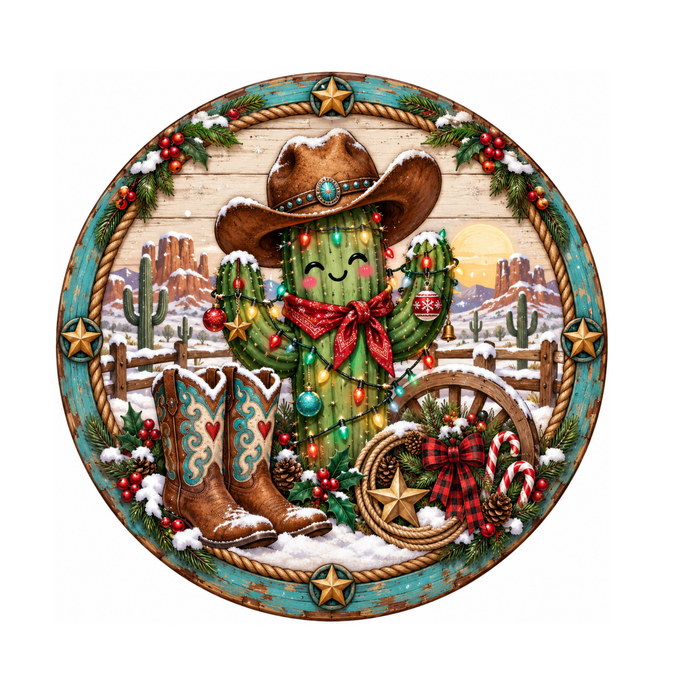 10" Western Southwest Christmas Sign, Metal Wreath Sign,  Christmas Wreath Sign