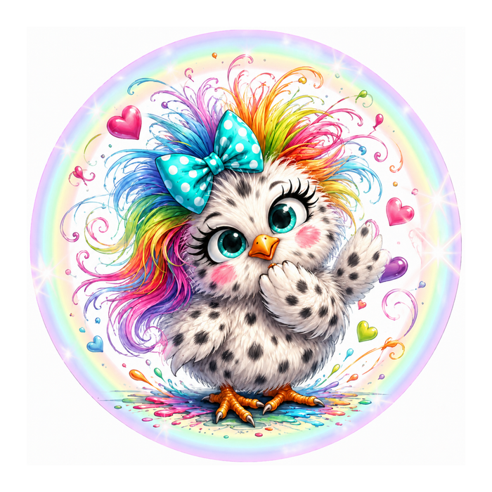 10" Wild Spotted Rainbow Chicken Sign, Metal Wreath Sign,  Home Decor