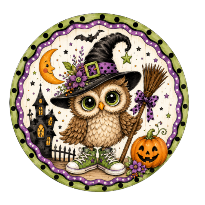 10" Witch Owl Wreath Sign, Metal Wreath Sign, Home Decor, Halloween Sign