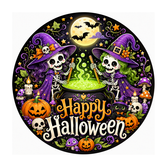 10" Witch Skeleton Halloween Sign, Metal Wreath Sign,  Halloween Sign Home Decor