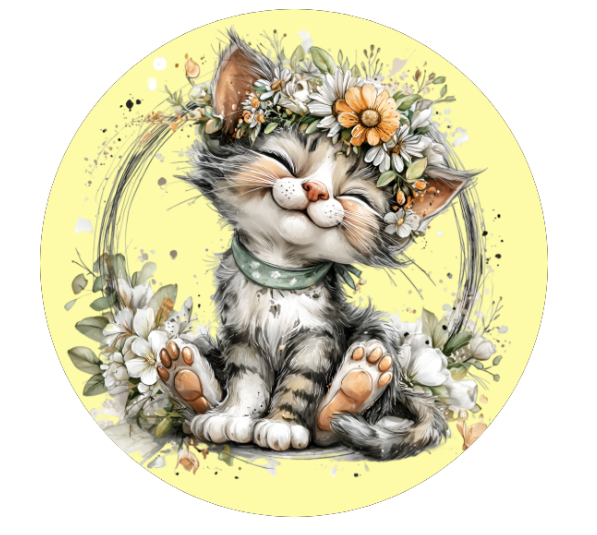 10” Yellow Floral Cat Wreath Sign, Metal Wreath Sign, Home Decor, DIY, Wreathmaking