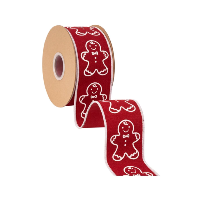2 1/2" Wired Cotton Linen Fabric Ribbon | Printed Gingerbread on Red | 10 Yard Roll