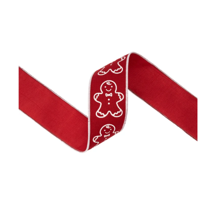 2 1/2" Wired Cotton Linen Fabric Ribbon | Printed Gingerbread on Red | 10 Yard Roll