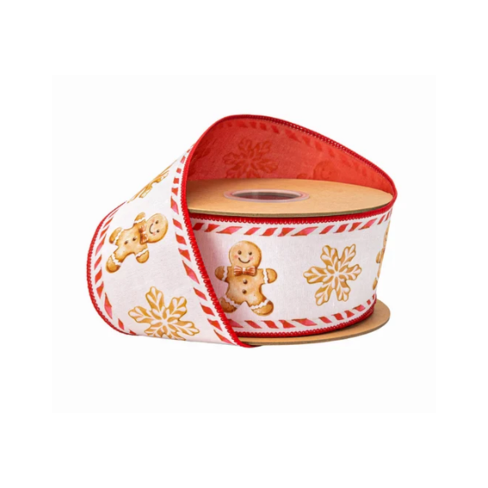 2 1/2" Wired Dupioni Ribbon | Gingerbread Cookies on White w/ Red Backing | 10 Yard Roll