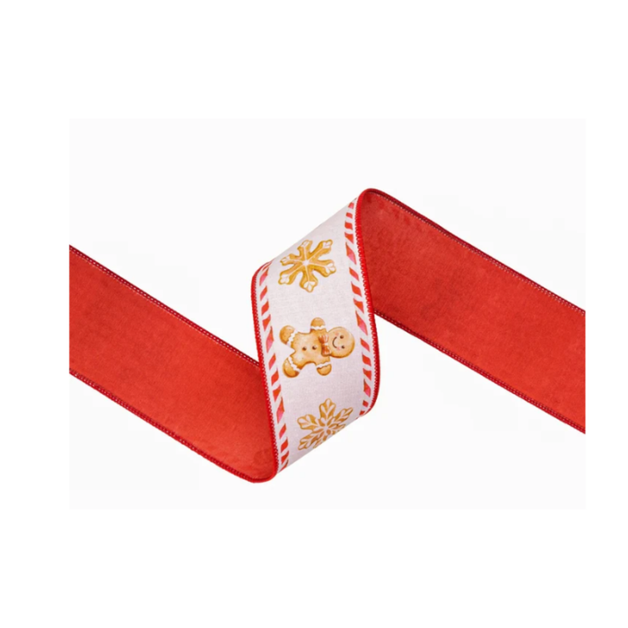 2 1/2" Wired Dupioni Ribbon | Gingerbread Cookies on White w/ Red Backing | 10 Yard Roll