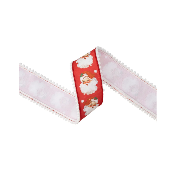 2 1/2" Wired Dupioni Ribbon | Retro Santa Face w/ Pom Pom Edge w/ White Backing | 10 Yard Roll