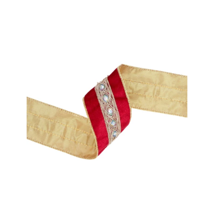 2 1/2" Wired Velvet Ribbon | Red with Gold Trim and Iridescent Jewel | 10 Yard Spool