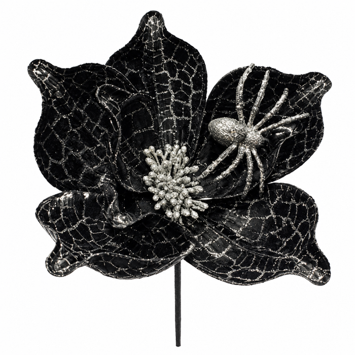 25 Inch Black Silver Glitter Spider Magnolia Stem Halloween Wreath Embellishment