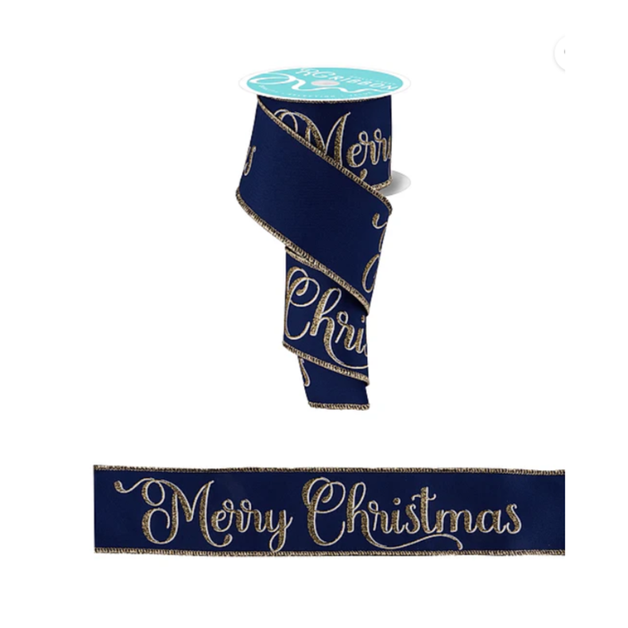 2.5" x 10yd Merry Christmas Script Navy Gold Wired Ribbon Wreath Ribbon
