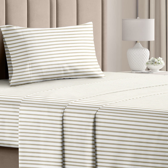 4 Piece Striped Sheet Set - Beige