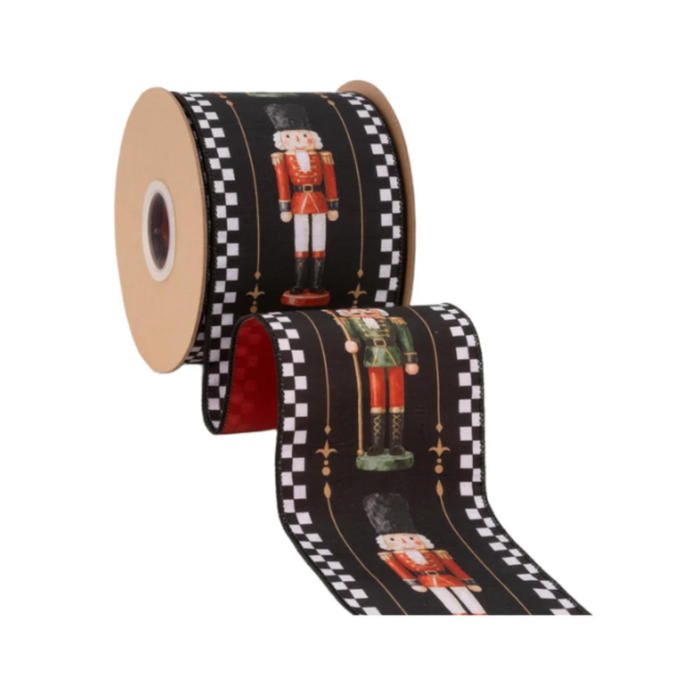 4" Wired Dupioni Ribbon | Black/White Check Nutcracker on Black w/ Red Backing | 10 Yard Roll