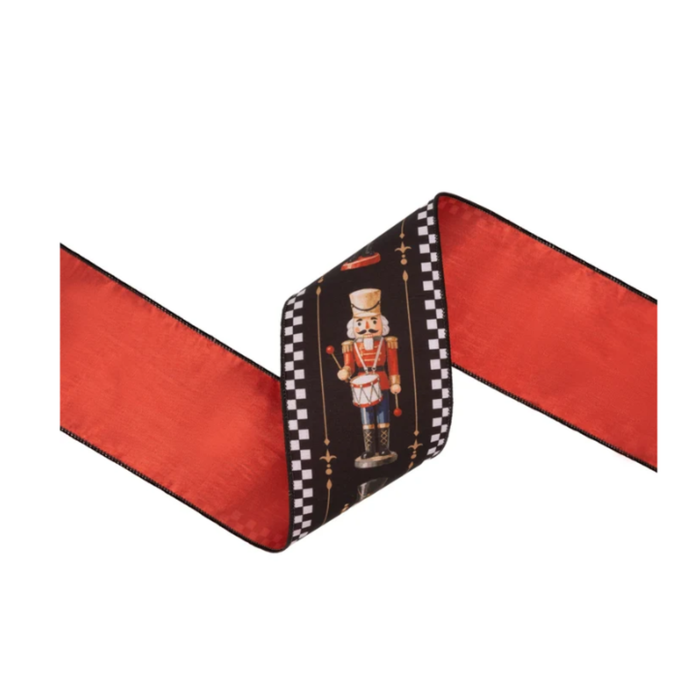 4" Wired Dupioni Ribbon | Black/White Check Nutcracker on Black w/ Red Backing | 10 Yard Roll