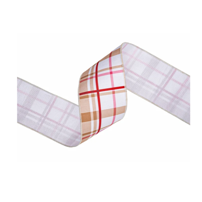 4" Wired Dupioni Ribbon | Gingerbread Plaid w/ White Backing | 10 Yard Roll