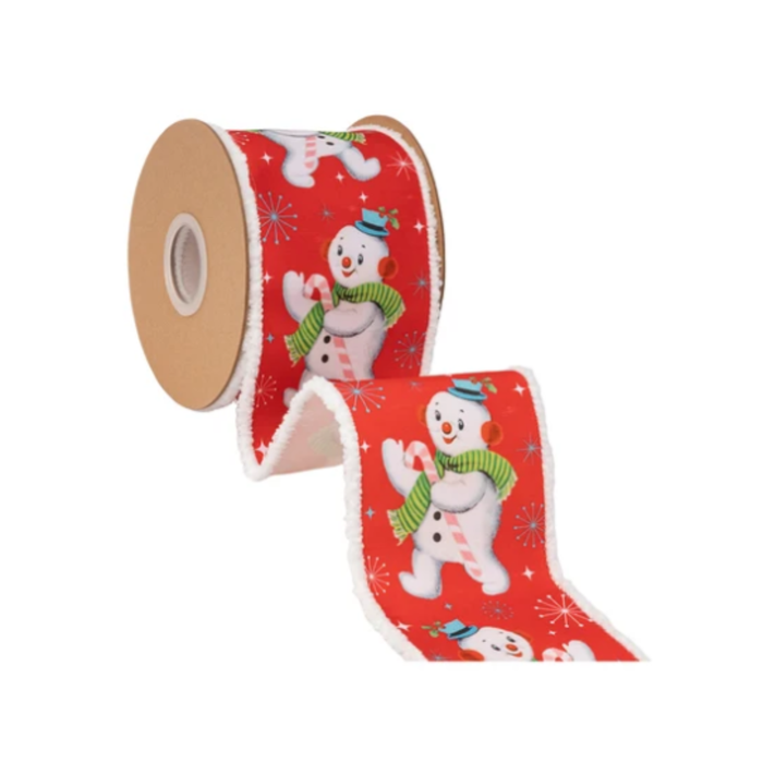 4" Wired Dupioni Ribbon | Retro Snowman on Red w/ Drift Edge w/ White Backing | 10 Yard Roll